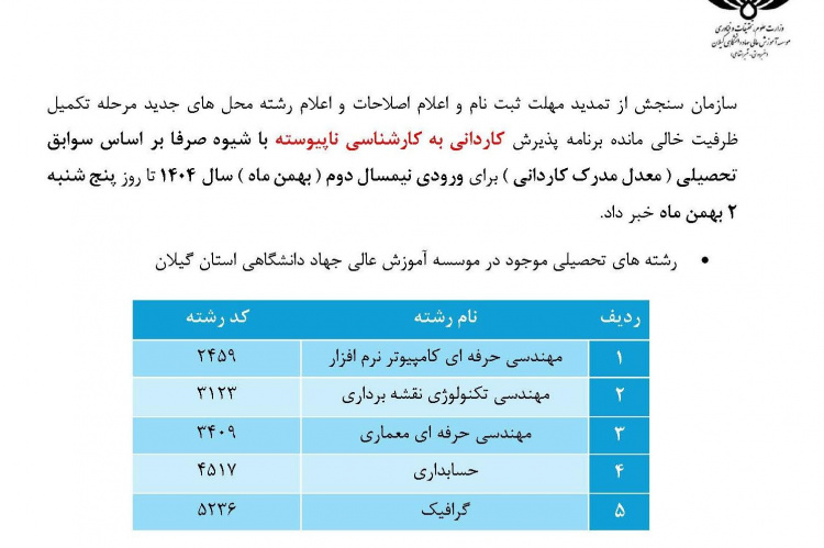 تمدید مهلت ثبت نام رشته محل های جدید مرحله تکمیل ظرفیت برنامه پذیرش کاردانی به کارشناسی ناپیوسته با شیوه صرفا بر اساس سوابق تحصیلی ( معدل مدرک کاردانی )